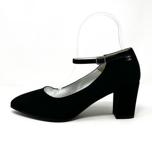 Chanel Black Satin Silver CC Logo Mary Jane Janes High Heels Pumps 37 6 6.5